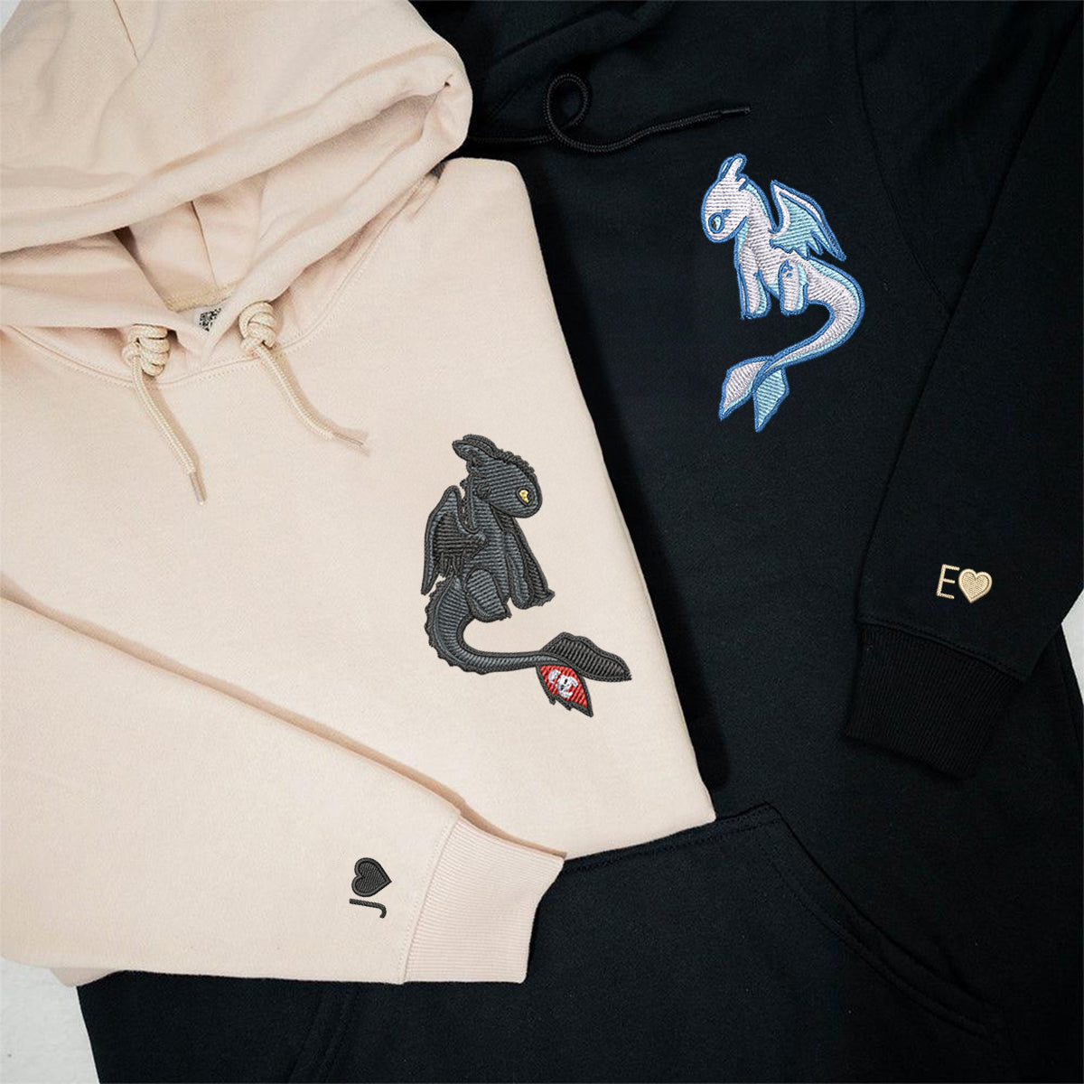 Custom Embroidered Matching Couple Hoodies For Valentine ideas,Custom Cartoon Toothless x Light Fury Couples Embroidered Hoodie