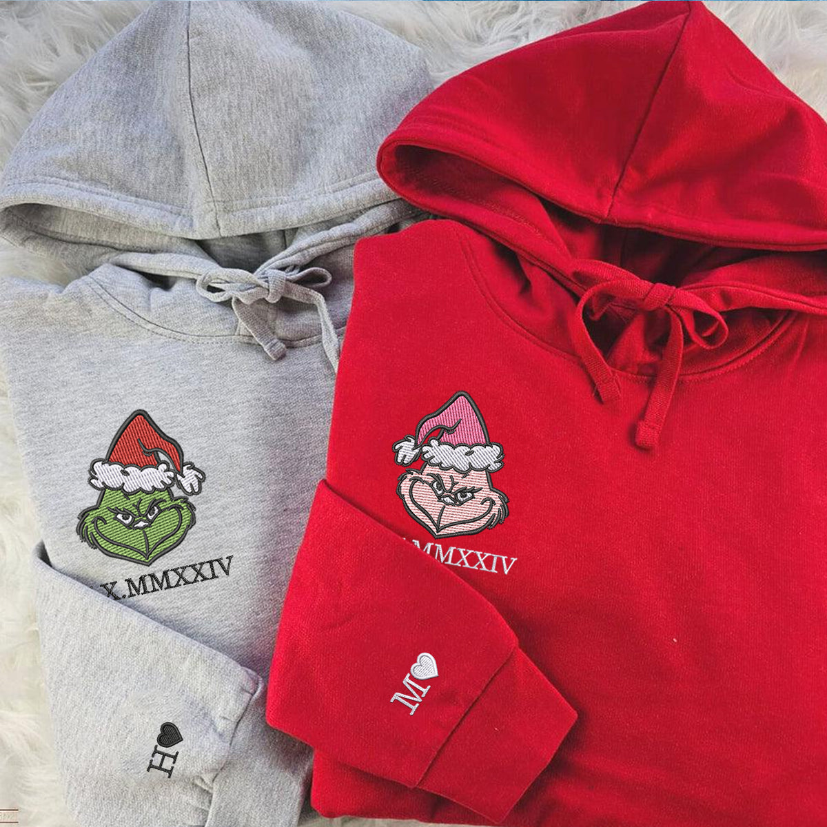 Custom Embroidered Hoodies For Couples, Christmas Green Couple Embroidered Hoodie