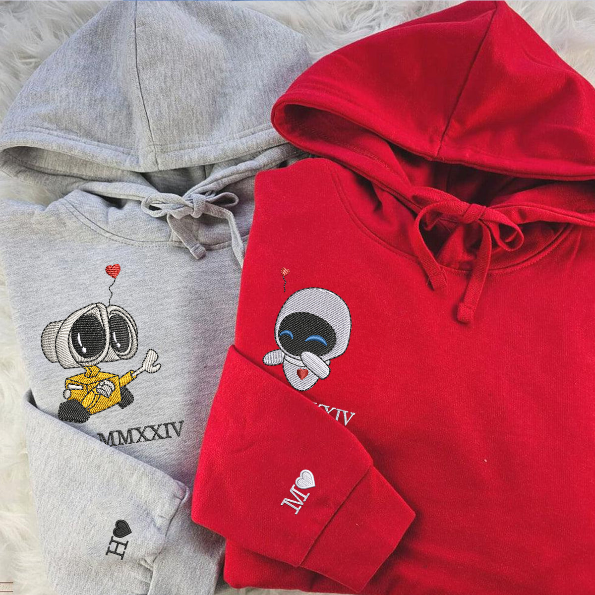 Custom Embroidered Roman Numeral Date Hoodies For Couples, Cute Walle x Eve Balloon Cartoon Couples Hoodie