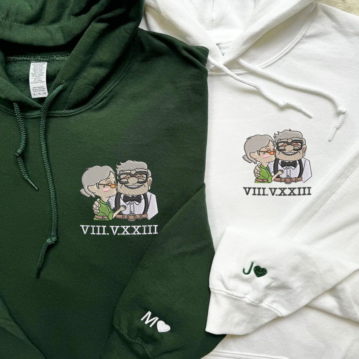 Custom Embroidered Roman Numeral Hoodies For Couples, Cute Ellie x Carl Couples Hoodie | Valentine's Day Anniversary Gift