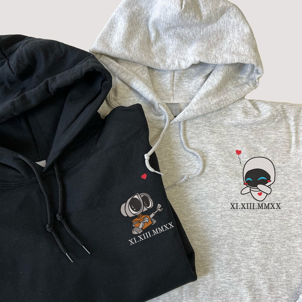 Custom Embroidered Roman Numeral Date Hoodies For Couples, Cute Walle x Eve Balloon Cartoon Couples Hoodie
