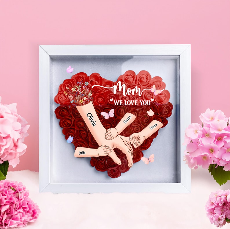 Personalized Handprints Mom And Children Flower Shadow Box For Mom, Grandma Gift