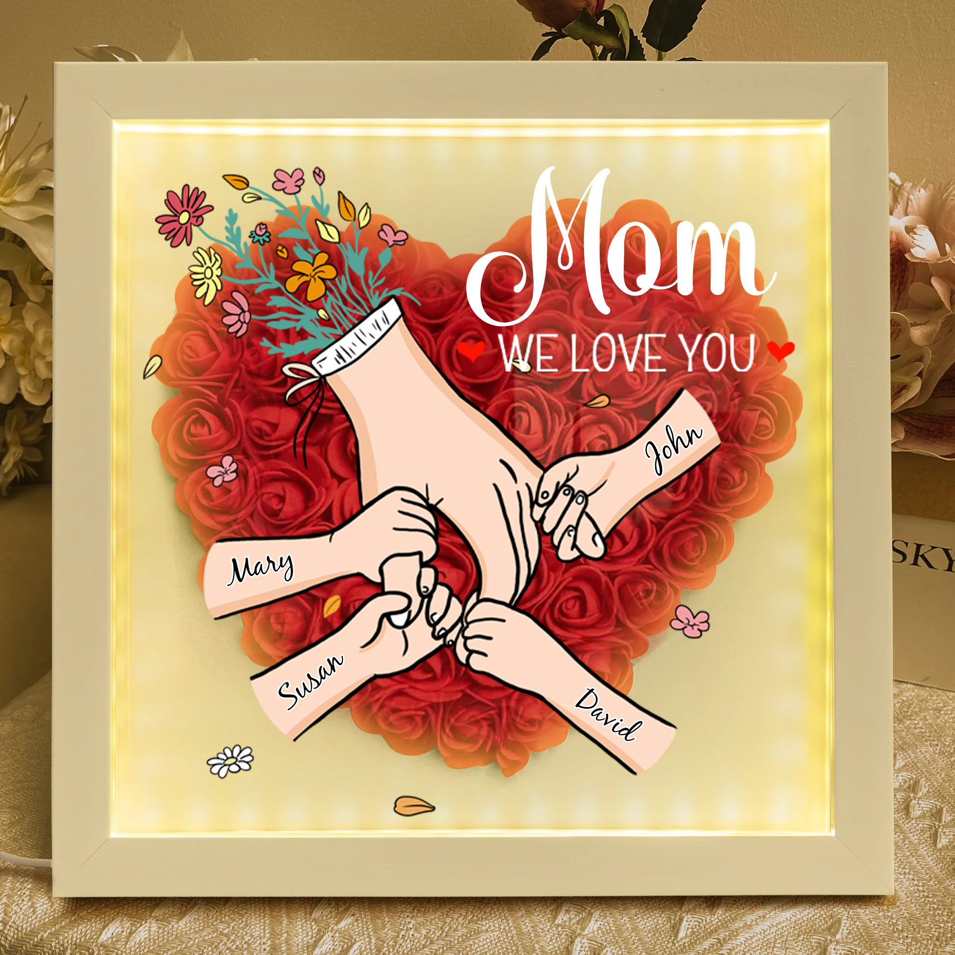 Family Love Blooms Forever - Custom Mother's Day Personalized Flower Shadow Box With Led Light Personalized Gift for mom,grandma