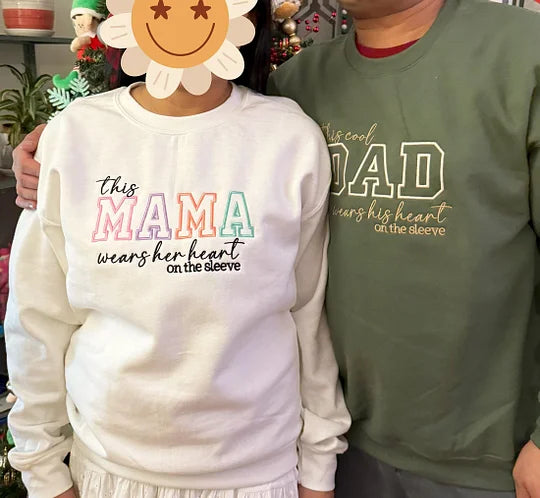 Custom Mother's Day Mom Wears Her Heart on Her Sleeves Glitter  Embroidered Sweatshirt  | for Mama and Grandma Gift