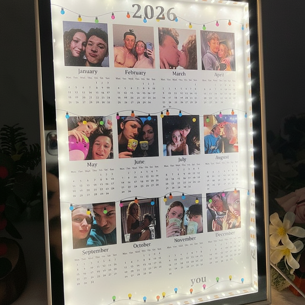 Personalized 2026 Calendar Mirror Light Box with Photo | Couple Anniversary Gift | Valentine's Day gift for Boyfriend&Girlfriend