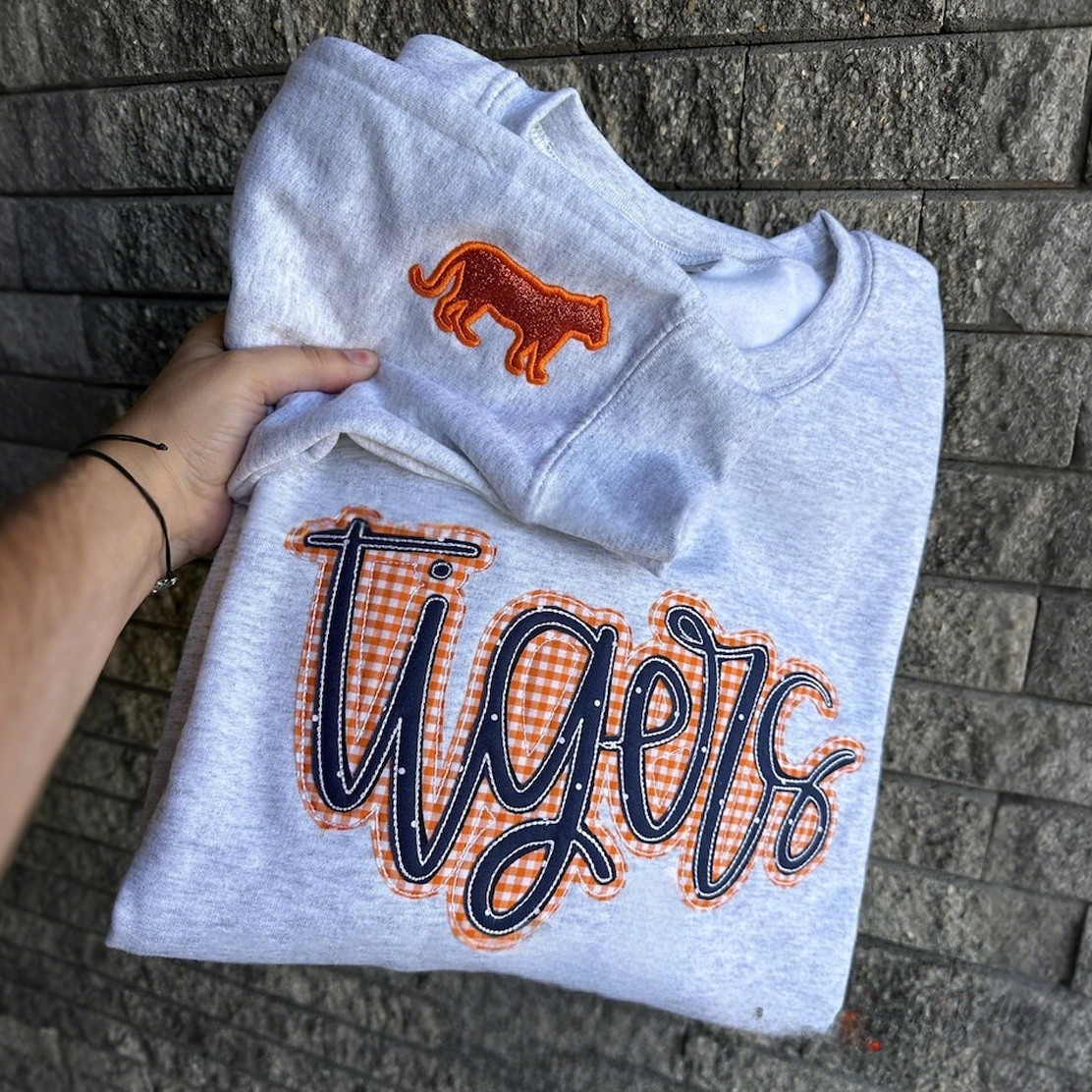 Personalized Mascot Embroidered Sweatshirt Custom Plaid Applique Crewneck Gameday Spirit Pullover | Gifts for Sports Mom
