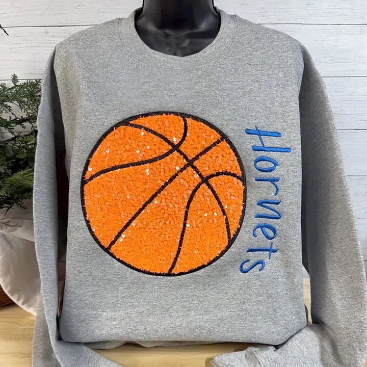 Personalized Custom Sequin Basketball Volleyball Sweatshirt Embroidered Name Crewneck | Gifts for Sports Mom