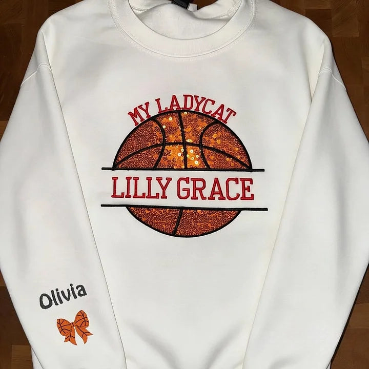 Personalized Custom Sequin Embroidered Basketball Sweatshirt with Side Bows | Gifts for Sports Mom