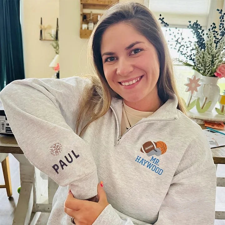 Custom Embroidered Name with Sports Icons Quarter Zip Sweater Football Basketball Coach Pullover | Gifts for Sports Mom