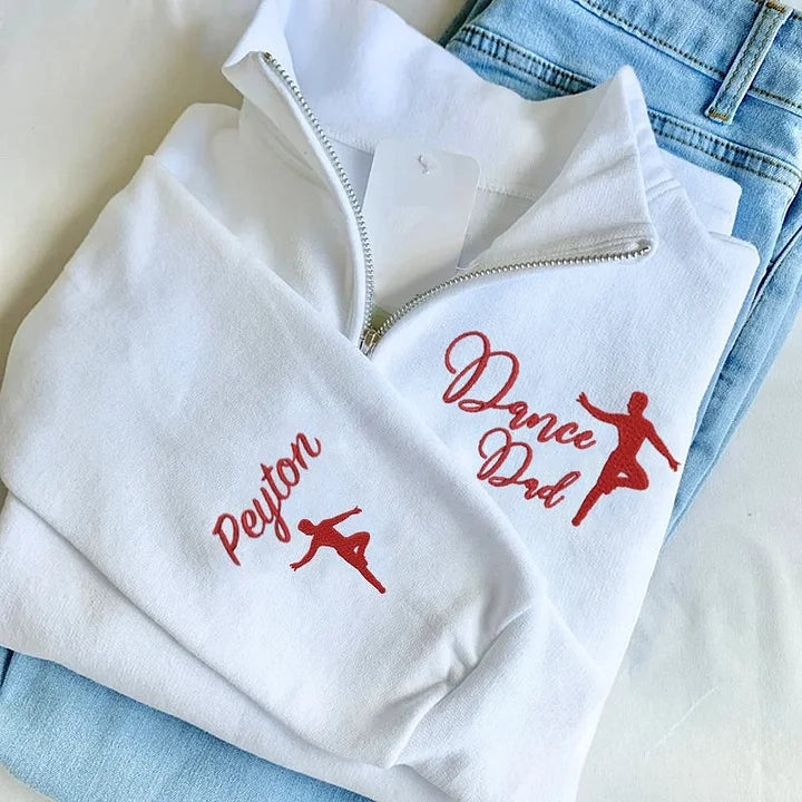 Embroidered Tap Dance Mom Dad Quarter Zip Sweatshirt with Name and Silhouette | Gifts for Sports Mom