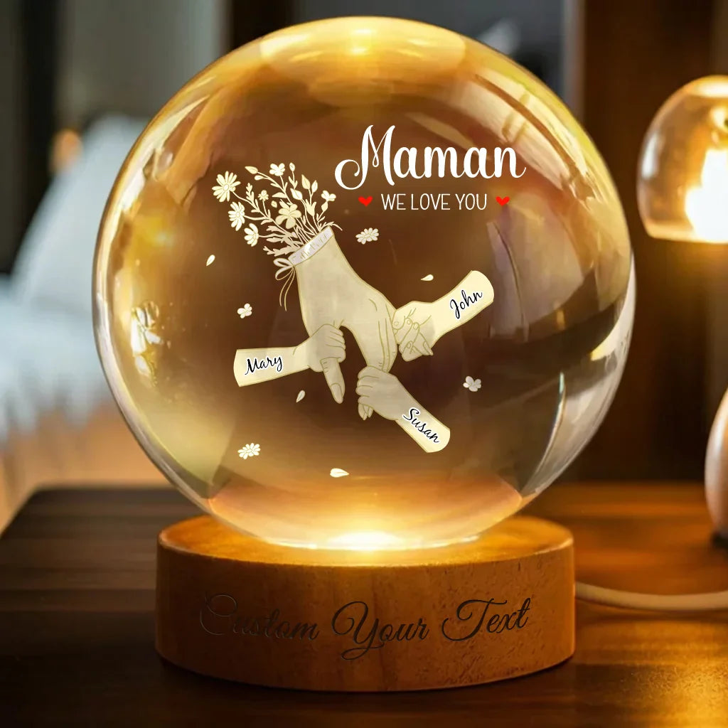 Custom Holding Mommy's Hand and I Love You - Child's Name Lamp, Crystal 3D Ball Lamp | Mother's Day Gift