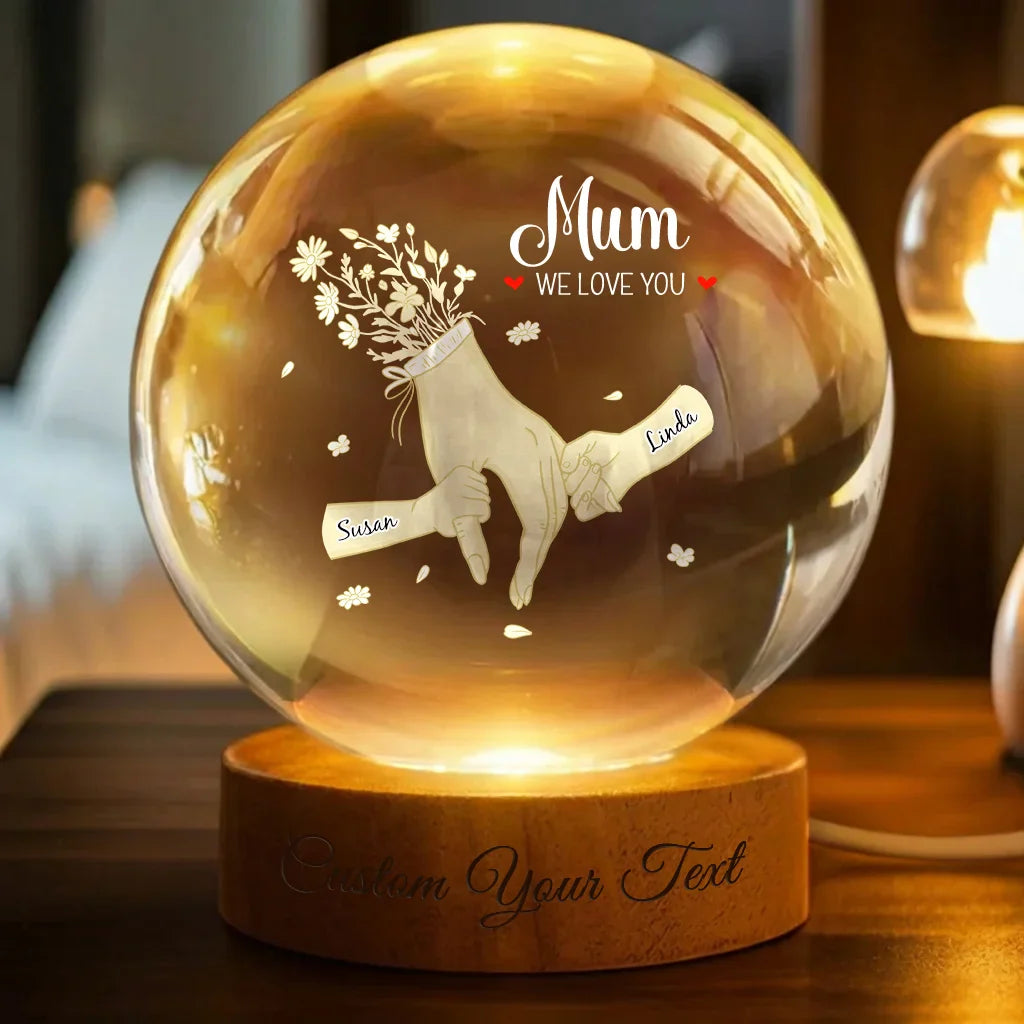Custom Holding Mommy's Hand and I Love You - Child's Name Lamp, Crystal 3D Ball Lamp | Mother's Day Gift