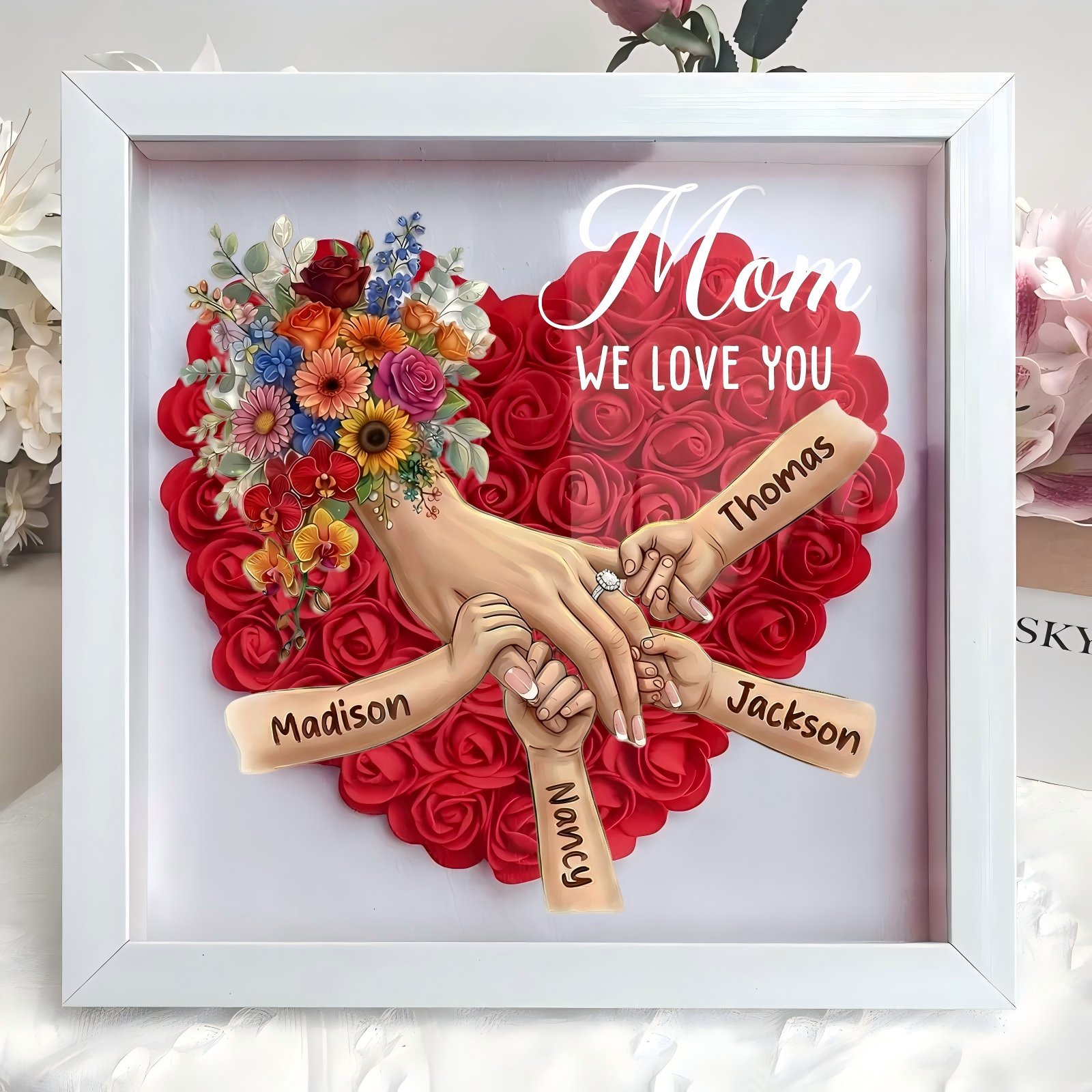 (with Ring & Manicure)Personalized Mommy Holding Hands Shadow Box – Custom Kids Names Floral Heart Frame, Premium Mother’s Day Gift