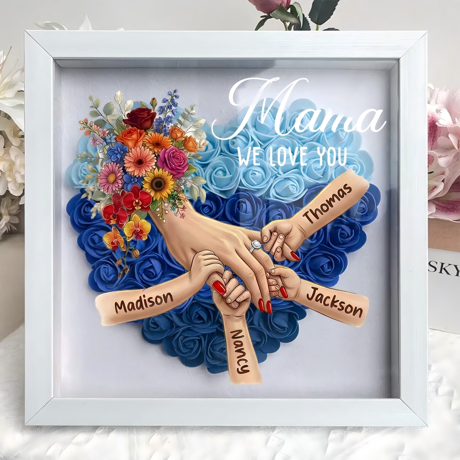 (with Ring & Manicure)Personalized Mommy Holding Hands Shadow Box – Custom Kids Names Floral Heart Frame, Premium Mother’s Day Gift