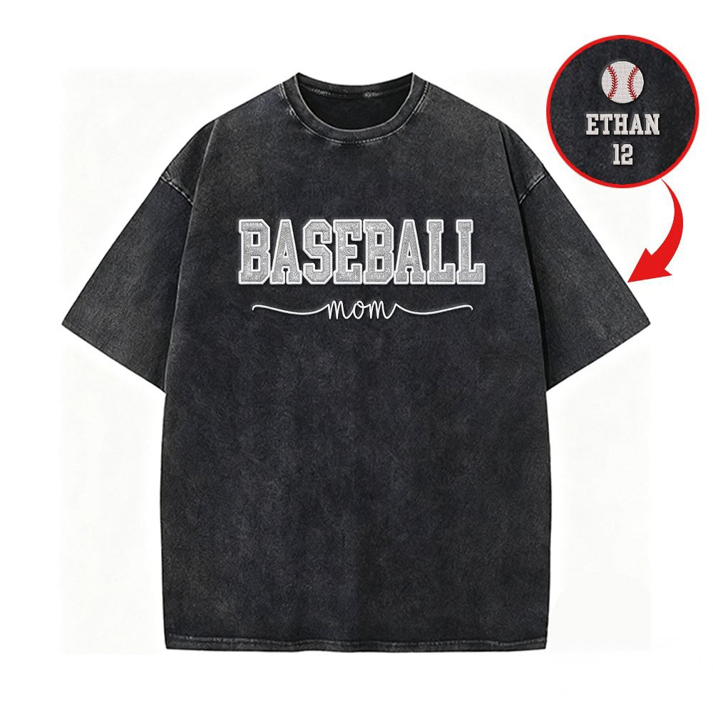 Baseball Mom Dad Glitter Embroidered Washed T-shirt with Side Bow | Gifts for Sports Mom