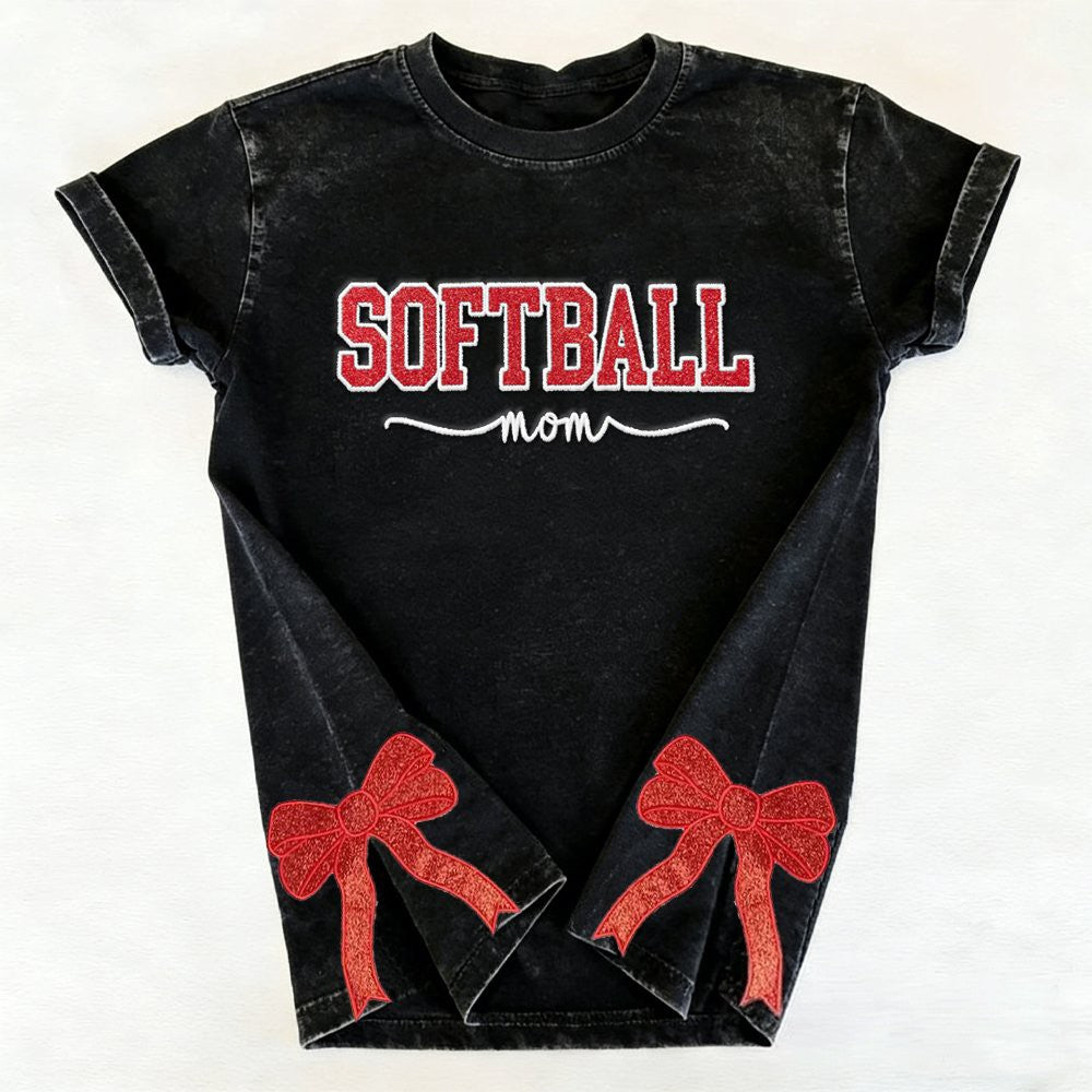 Softball Mom Dad Washed T-Shirt with Glitter Embroidered Side Bow Vintage Softball T-shirt | Gifts for Sports Mom