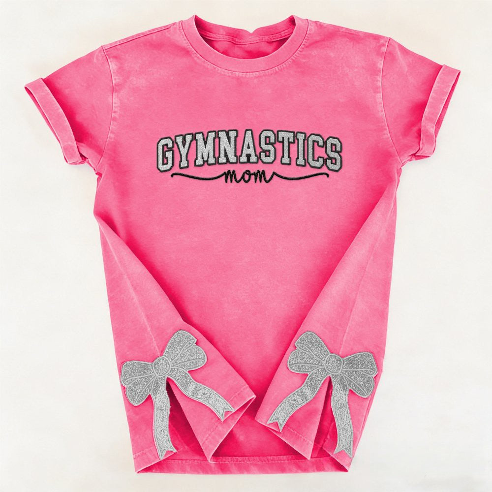 Gymnastics Mom Side Bow Glitter Embroidery Washed T-Shirt Gymnastic Mom Apparel