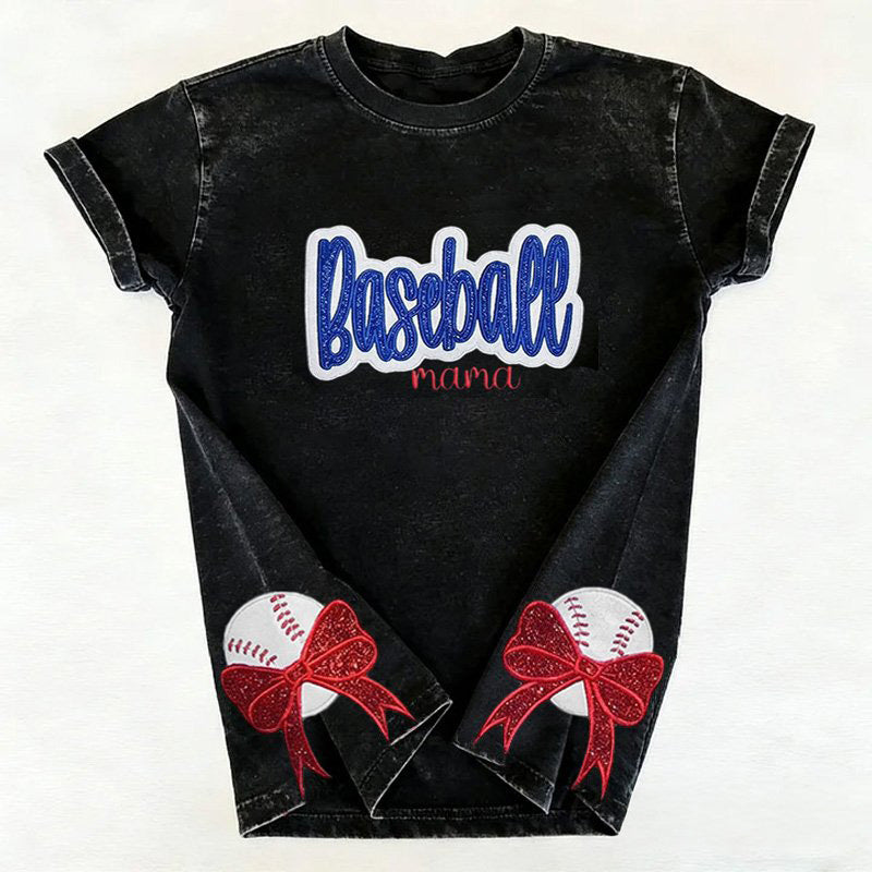 Personalized Custom Glitter Embroidered Baseball Mom Washed T-Shirt with Side Bow | Gifts for Sports Mom