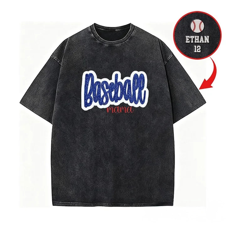Personalized Custom Glitter Embroidered Baseball Mom Washed T-Shirt with Side Bow | Gifts for Sports Mom