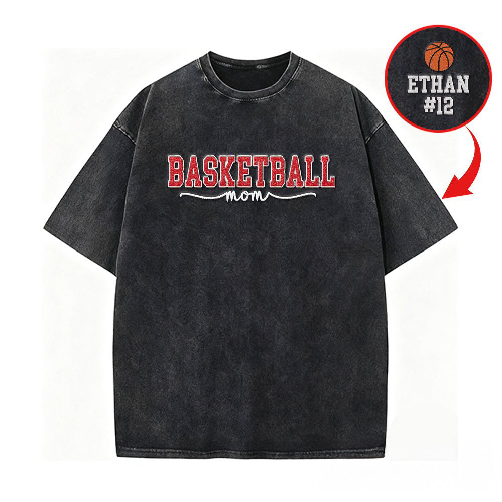 Basketball Mom Side Bow Washed T-shirt with Glitter Embroidered Coquette shirt | Gifts for Sports Mom