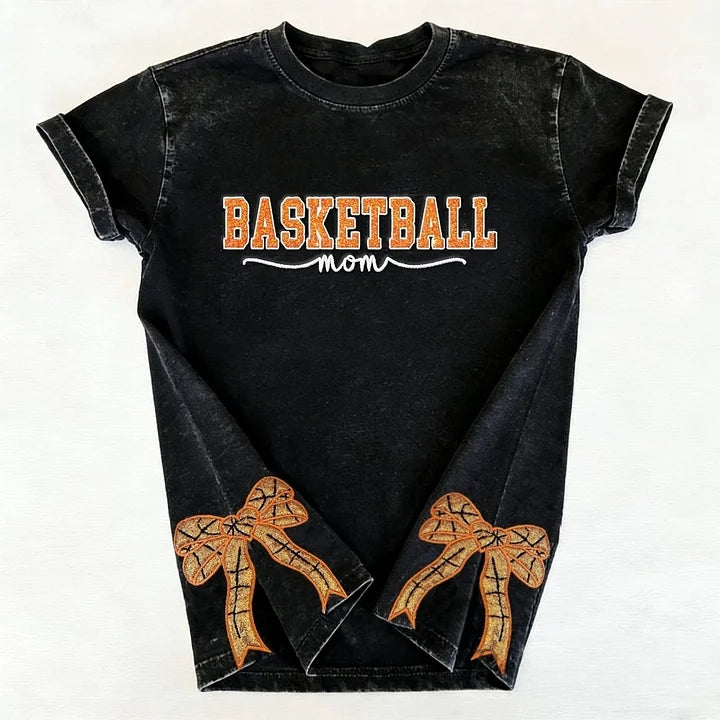Basketball Mom Side Bow Washed T-shirt with Glitter Embroidered Coquette shirt | Gifts for Sports Mom