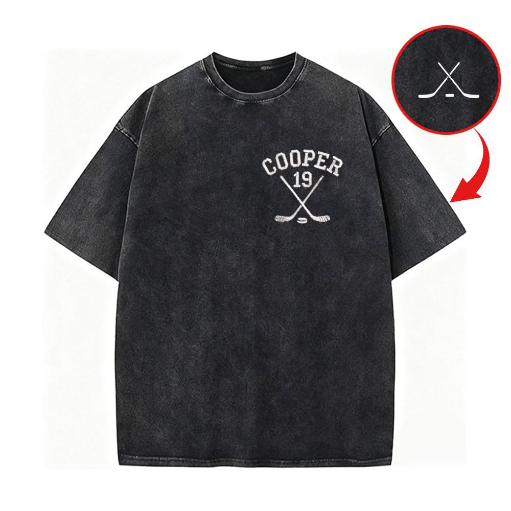 Personalized Custom Embroidered Hockey Washed T-Shirt with Side Crossed Hockey Sticks