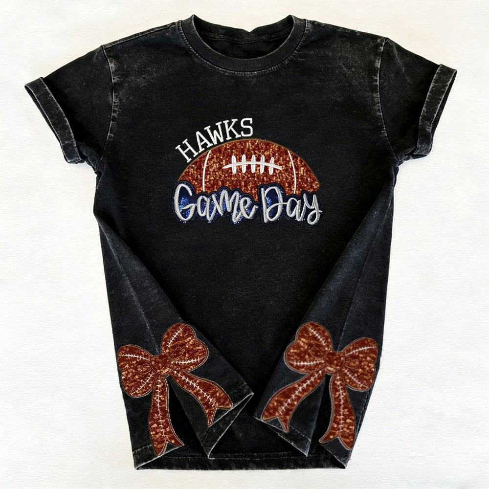 Sequin Embroidered Football Proud Sport Washed T-Shirt with Side Bow | Gifts for Sports Mom