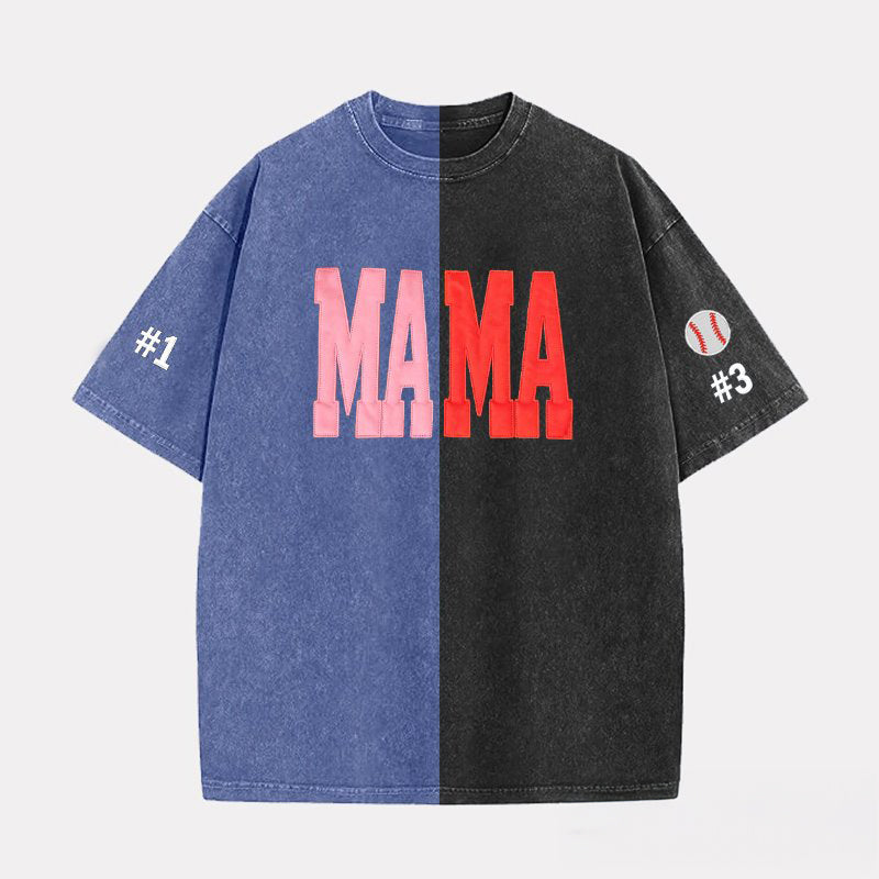 Custom Fabric Applique MAMA Two Tone Embroidered Vintage Washed T-shirt For Game Day