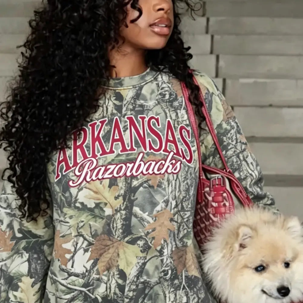 Custom Vintage 90s Old School Forest Camo Arkansas Razorbacks Oversized Sweatshirt | Game Day Wear