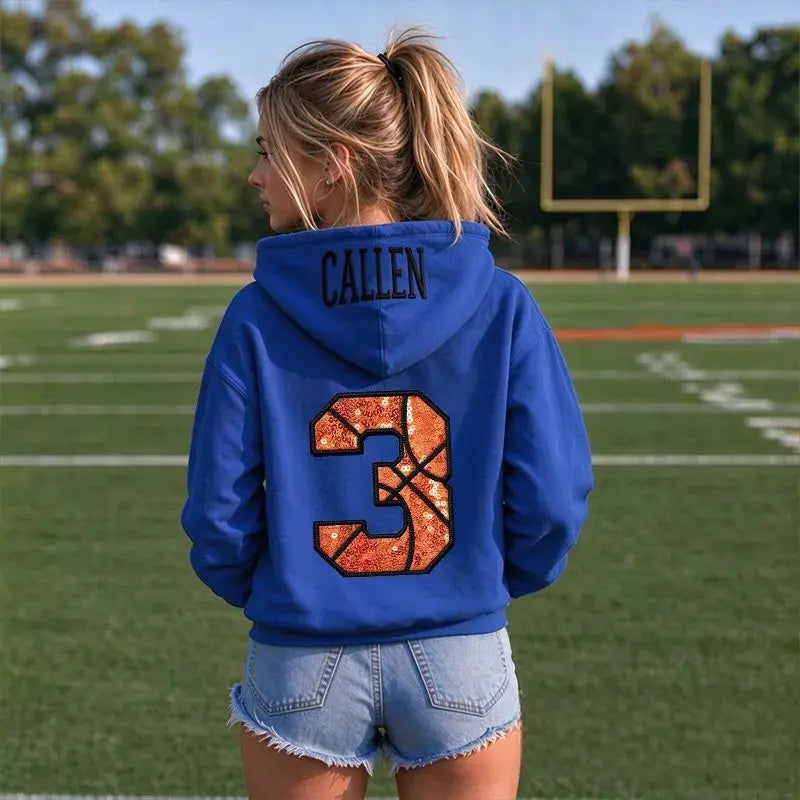 Custom Basketball Number Hoodie Personalized Name Sequin Hooded Sweatshirt Game Day Sports Spirit Top For Team Supporter