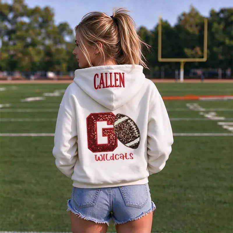 Custom Sequin Football Hoodie Personalized Team Name Hooded For Women Game Day Sports Fan Casual Pullover