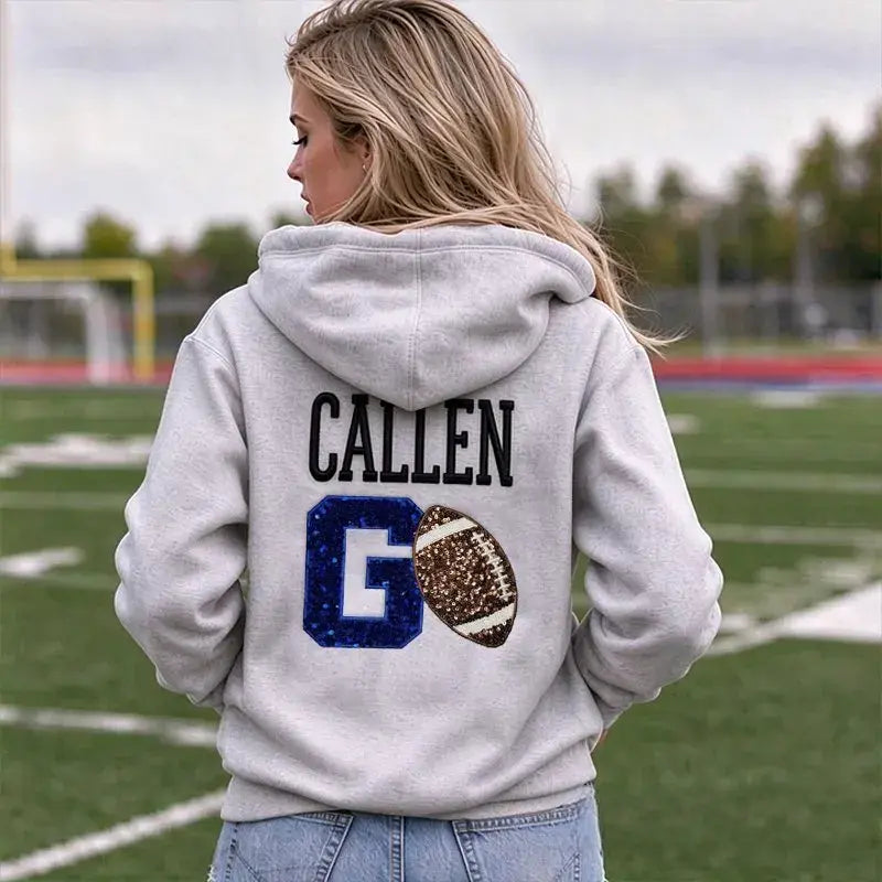 Custom Sequin Football Hoodie Personalized Team Name Hooded For Women Game Day Sports Fan Casual Pullover