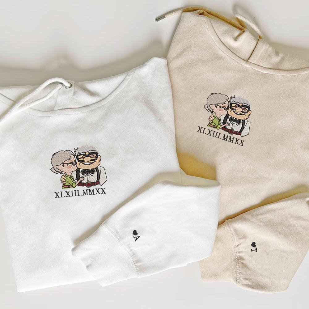 Custom Embroidered Roman Numeral Hoodies For Couples, Cute Ellie x Carl Couples Embroidered Hoodie