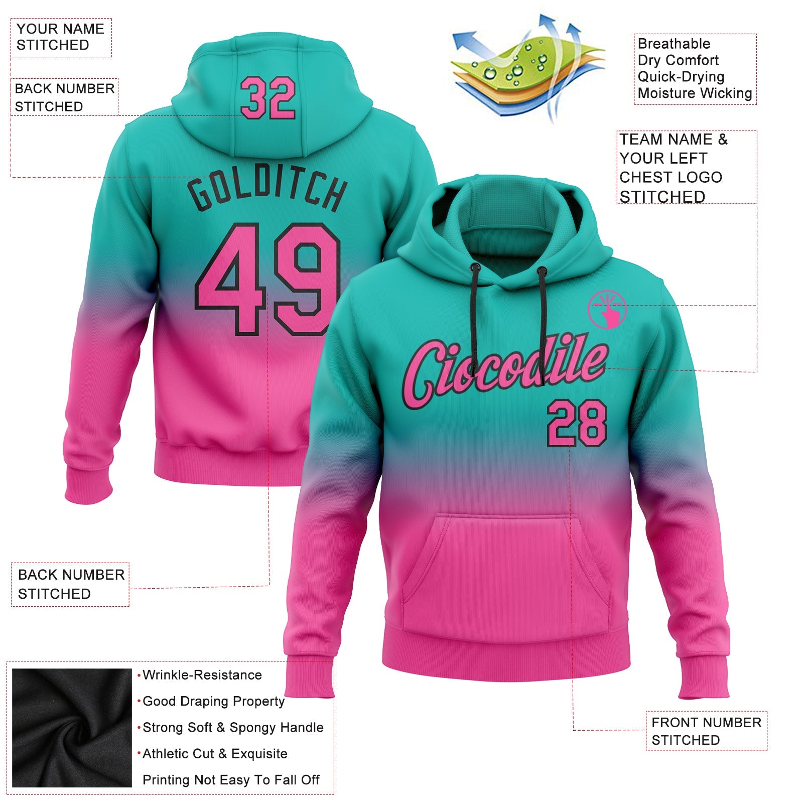 Custom Aqua Pink-Black Fade Fashion Sports Pullover Sweatshirt Hoodie