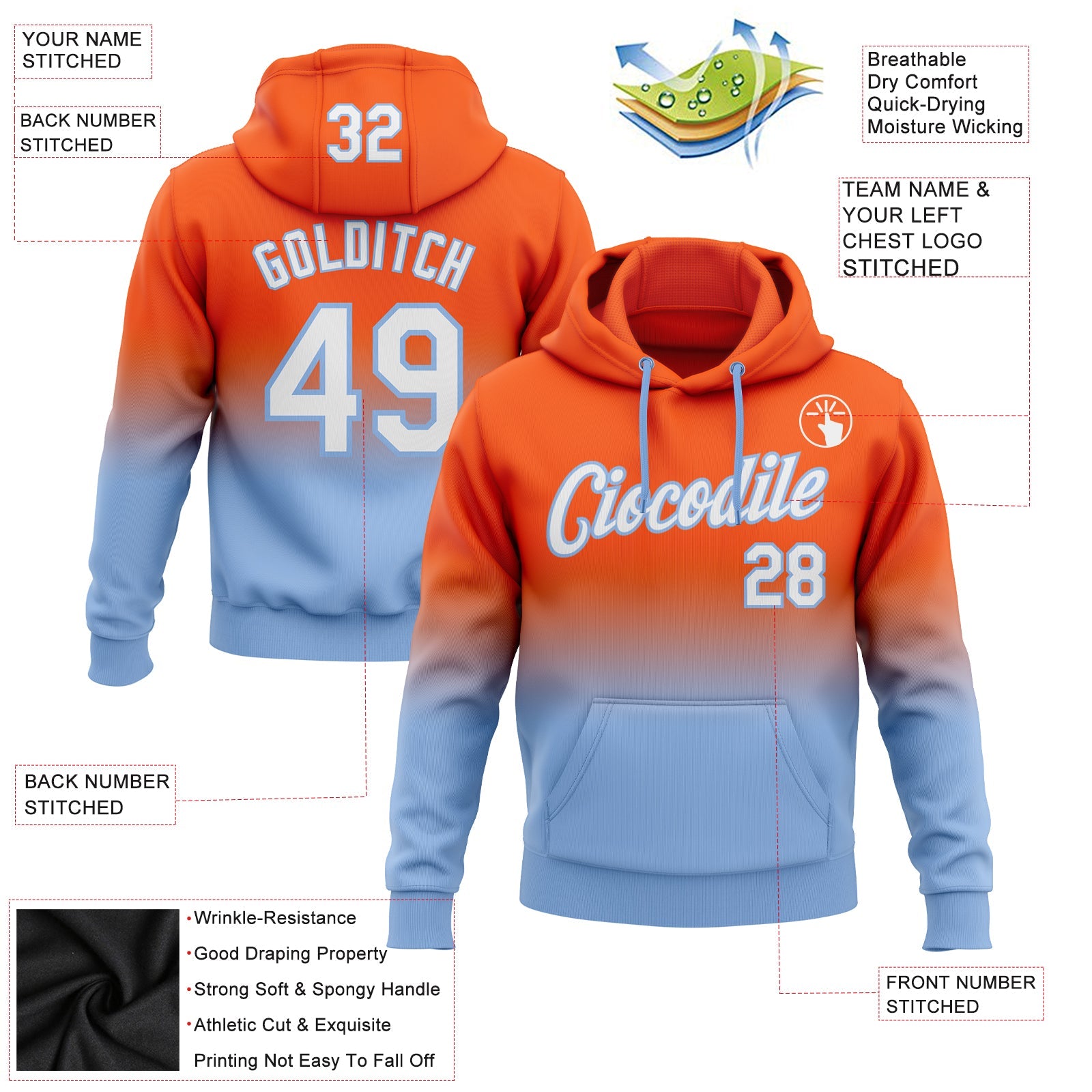 Custom Orange White-Light Blue Fade Fashion Sports Pullover Sweatshirt Hoodie