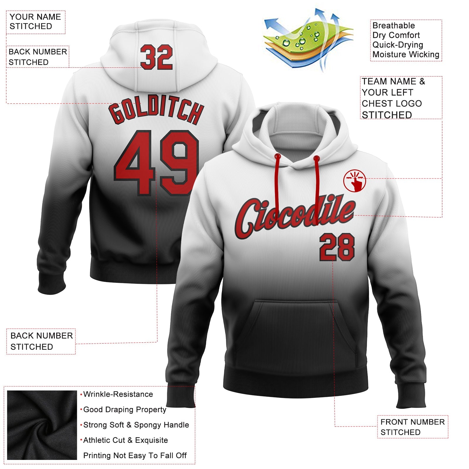 Custom White Red-Black Fade Fashion Sports Pullover Sweatshirt Hoodie