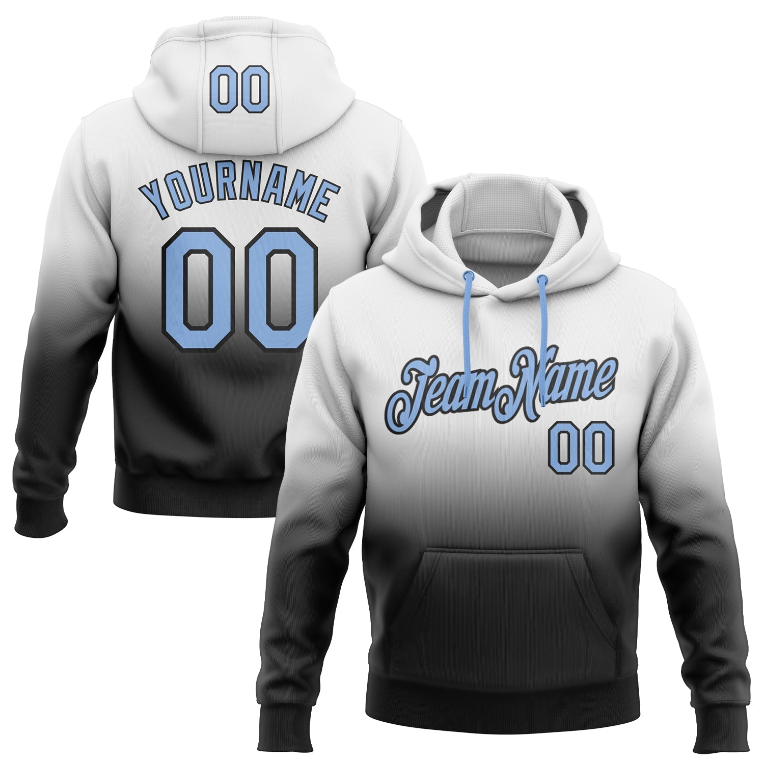 Custom White Light Blue-Black Fade Fashion Sports Pullover Sweatshirt Hoodie