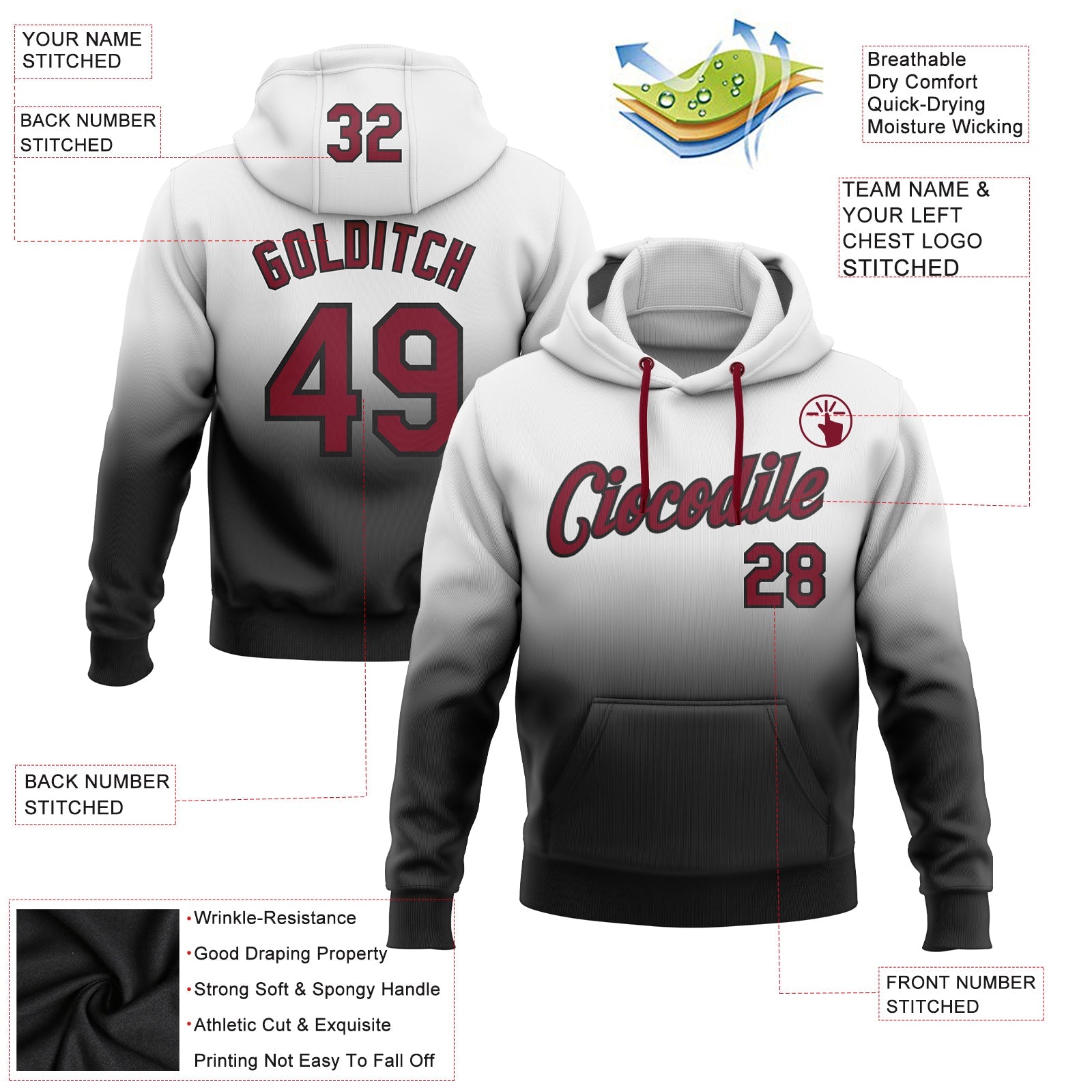 Custom White Crimson-Black Fade Fashion Sports Pullover Sweatshirt Hoodie