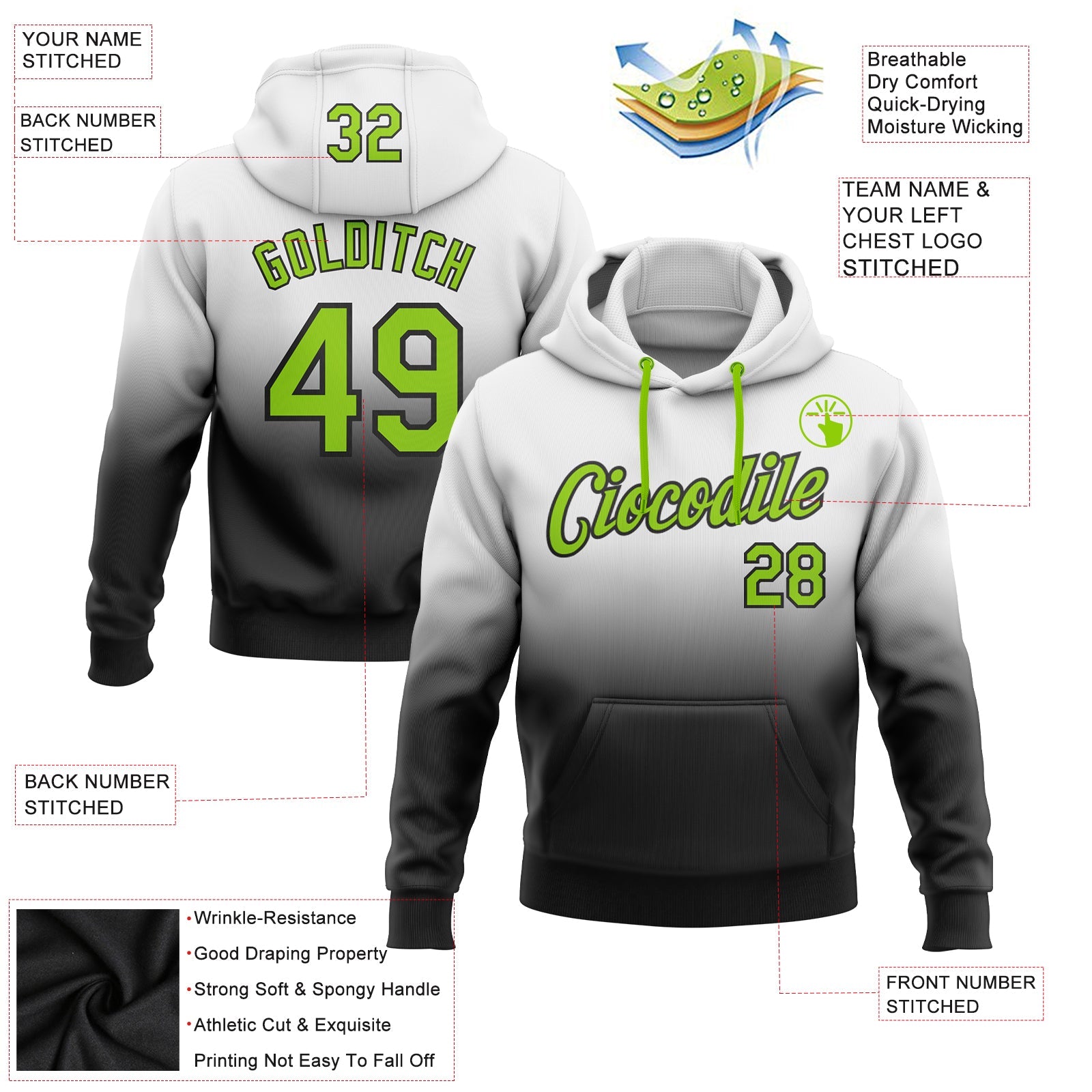 Custom White Neon Green-Black Fade Fashion Sports Pullover Sweatshirt Hoodie
