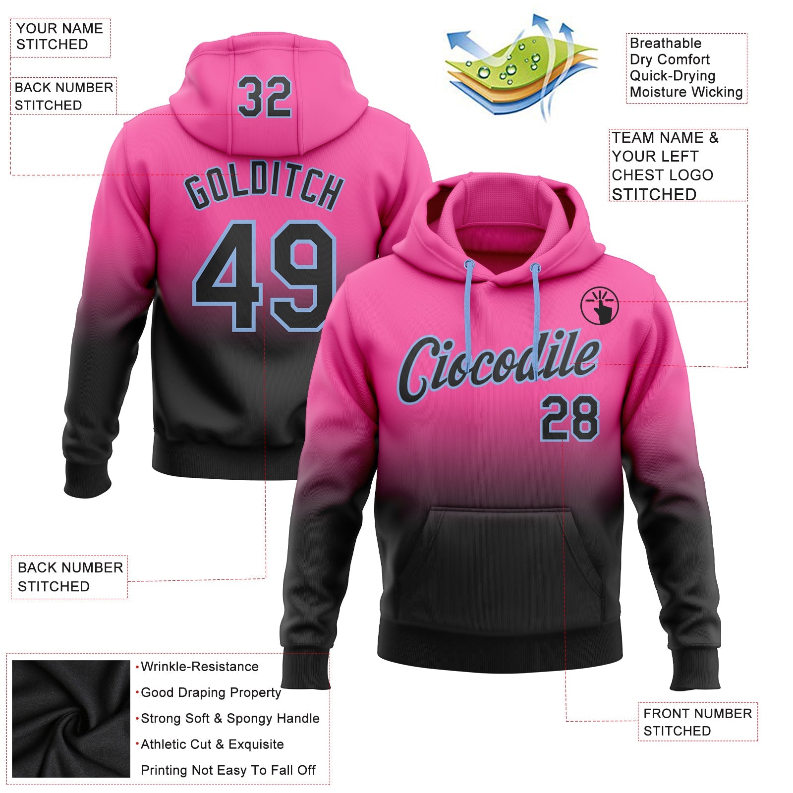 Custom Pink Black-Light Blue Fade Fashion Sports Pullover Sweatshirt Hoodie