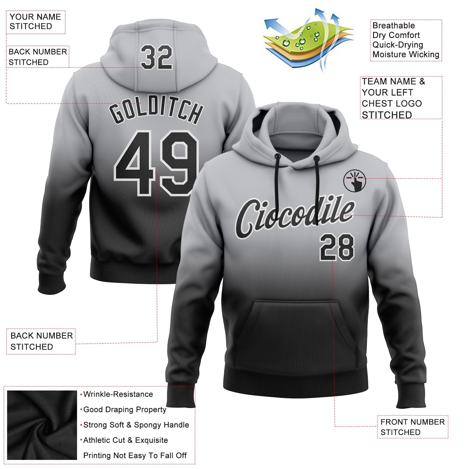 Custom Gray Black-White Fade Fashion Sports Pullover Sweatshirt Hoodie