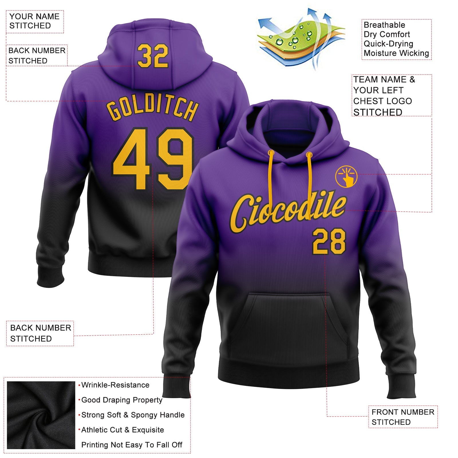 Custom Purple Gold-Black Fade Fashion Sports Pullover Sweatshirt Hoodie