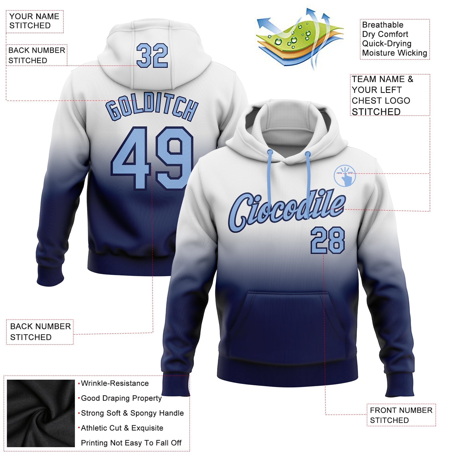 Custom White Light Blue-Navy Fade Fashion Sports Pullover Sweatshirt Hoodie