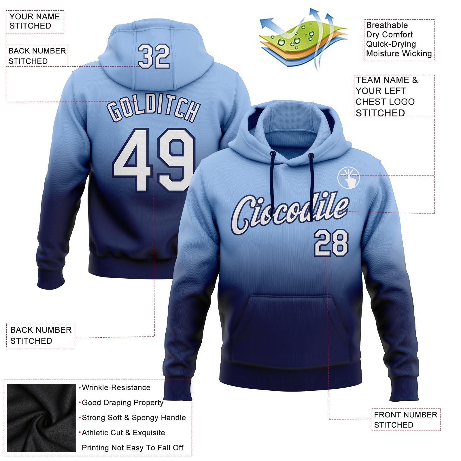 Custom Light Blue White-Navy Fade Fashion Sports Pullover Sweatshirt Hoodie