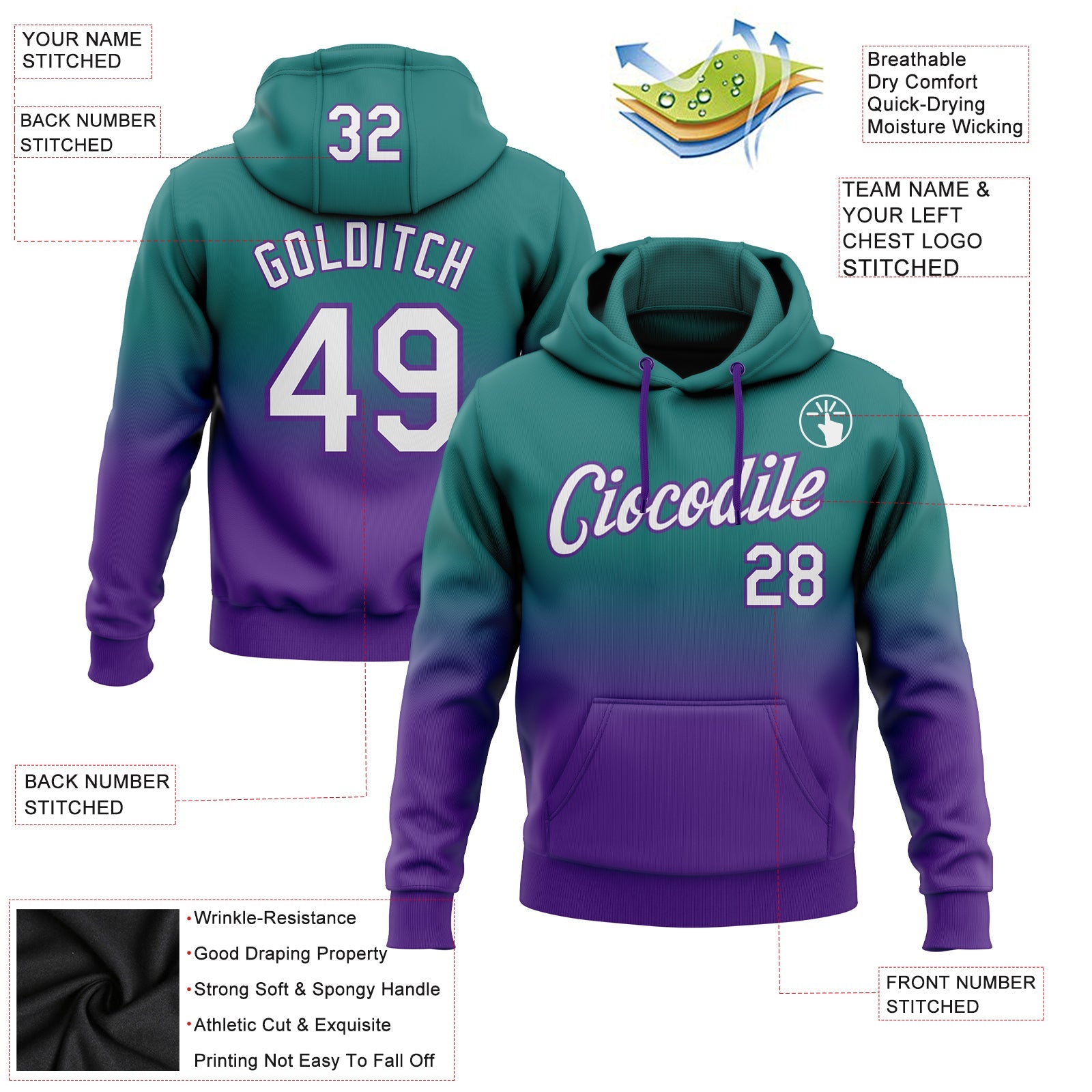 Custom Teal White-Purple Fade Fashion Sports Pullover Sweatshirt Hoodie