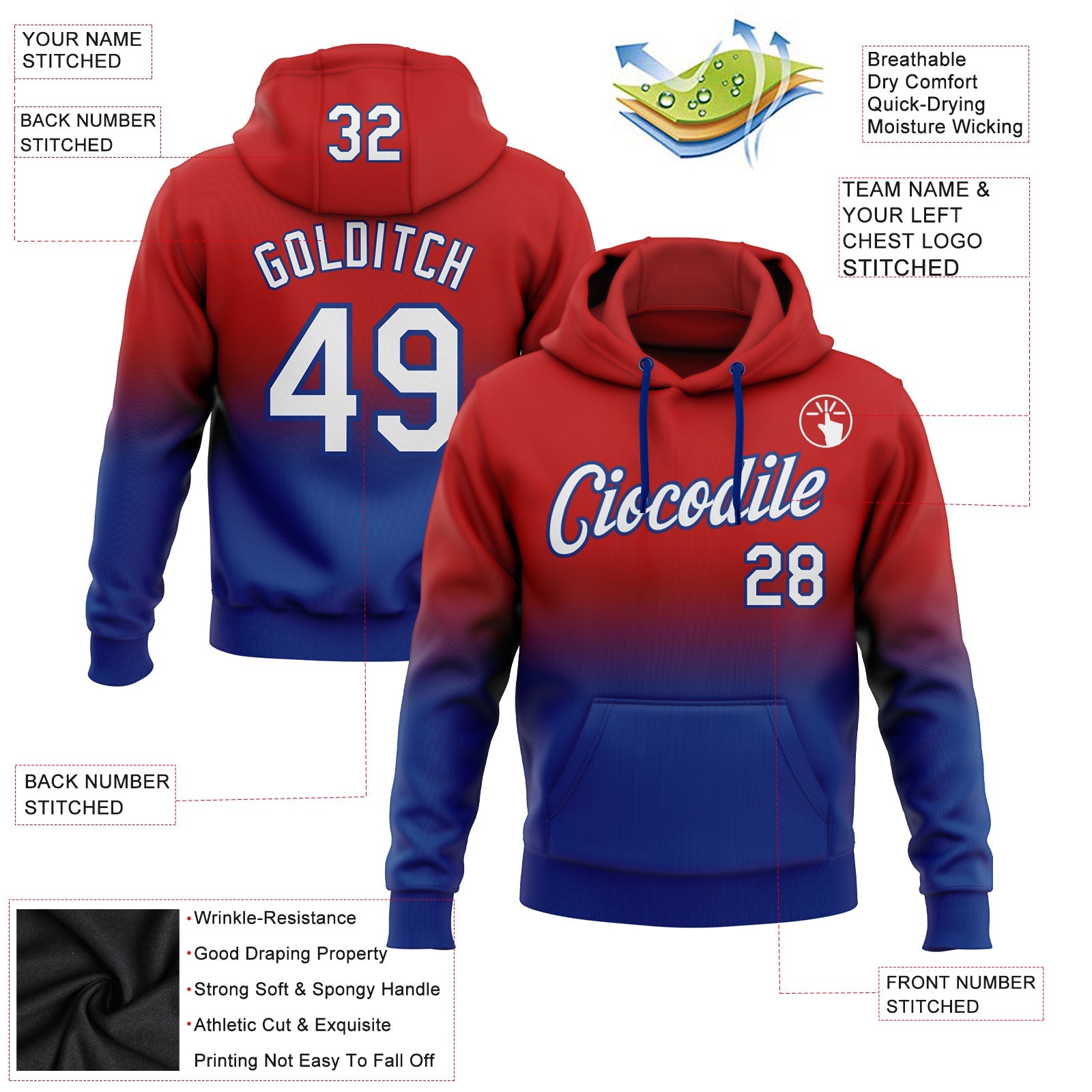 Custom Red White-Royal Fade Fashion Sports Pullover Sweatshirt Hoodie