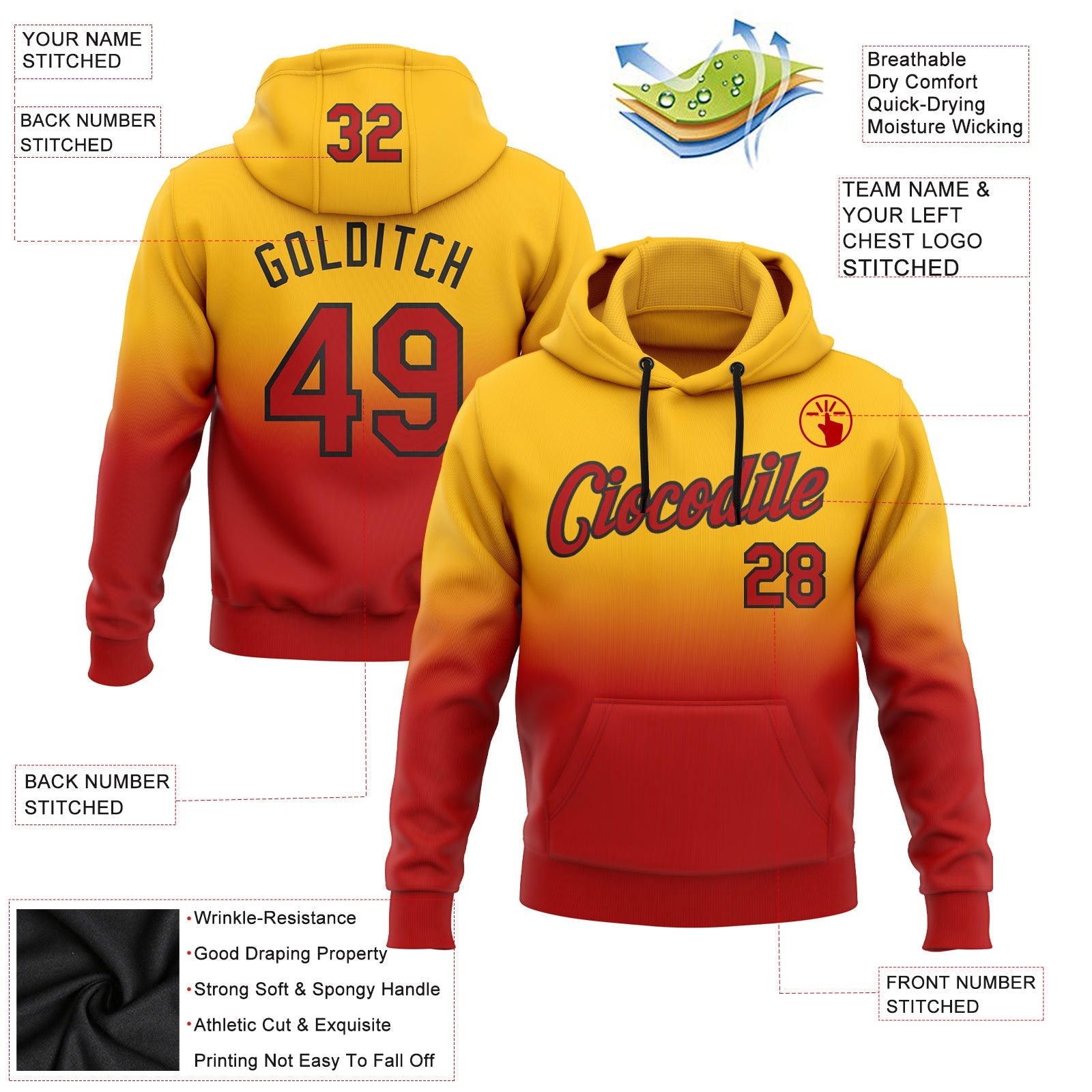 Custom Gold Red-Black Fade Fashion Sports Pullover Sweatshirt Hoodie