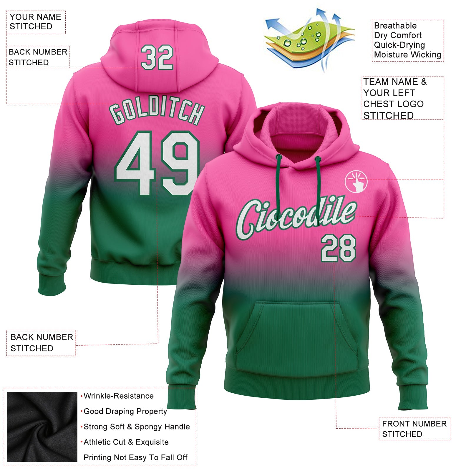 Custom Pink White-Kelly Green Fade Fashion Sports Pullover Sweatshirt Hoodie