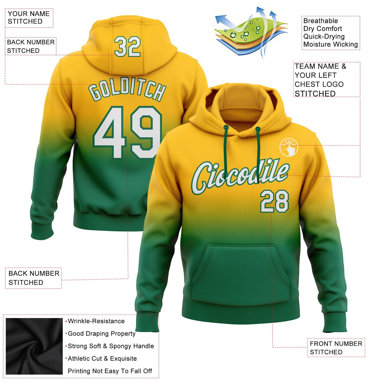 Custom Gold White-Kelly Green Fade Fashion Sports Pullover Sweatshirt Hoodie