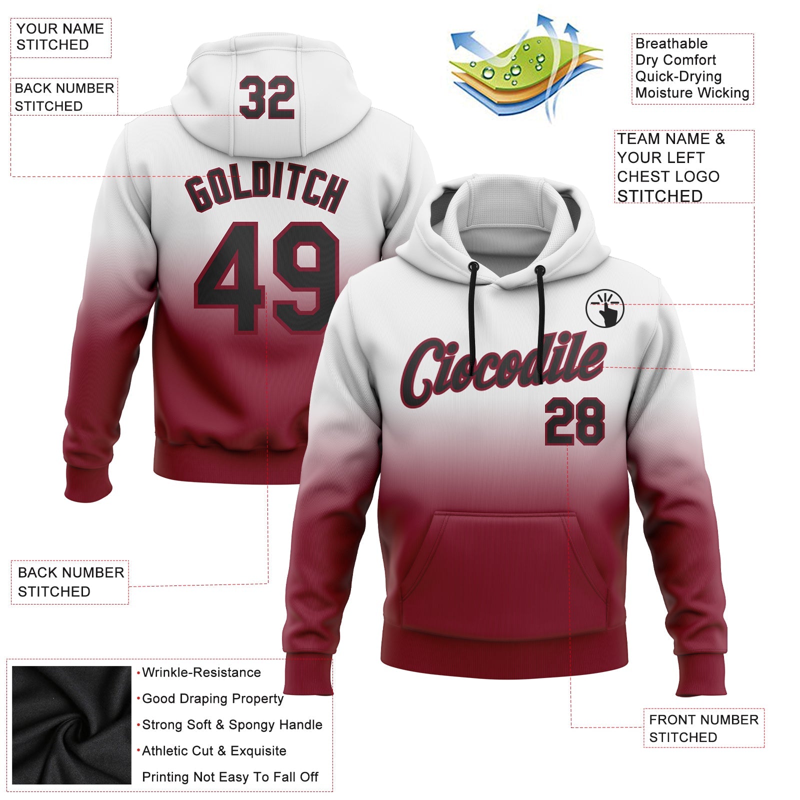Custom White Black-Crimson Fade Fashion Sports Pullover Sweatshirt Hoodie